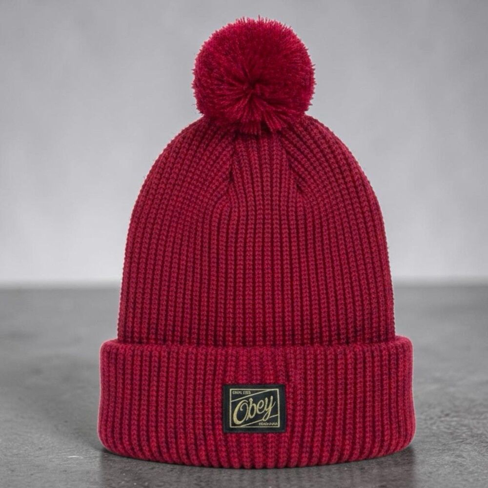 Obey Beanie Hat Pom Pom Mens One Size Maroon Gold Logo Cuffed Knit Streetwear